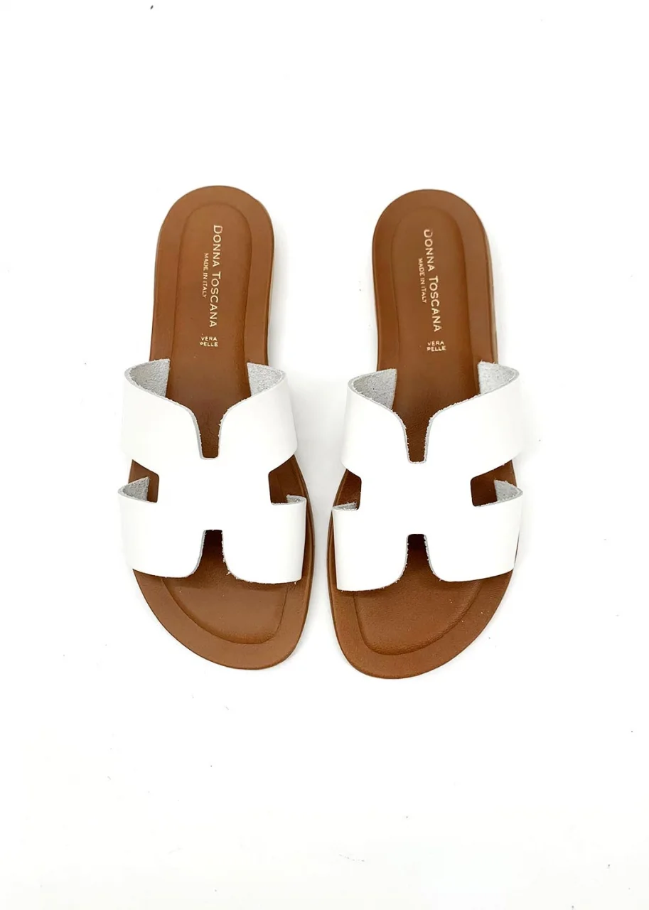 Women’s Elegant White H Slippers in Natural Leather