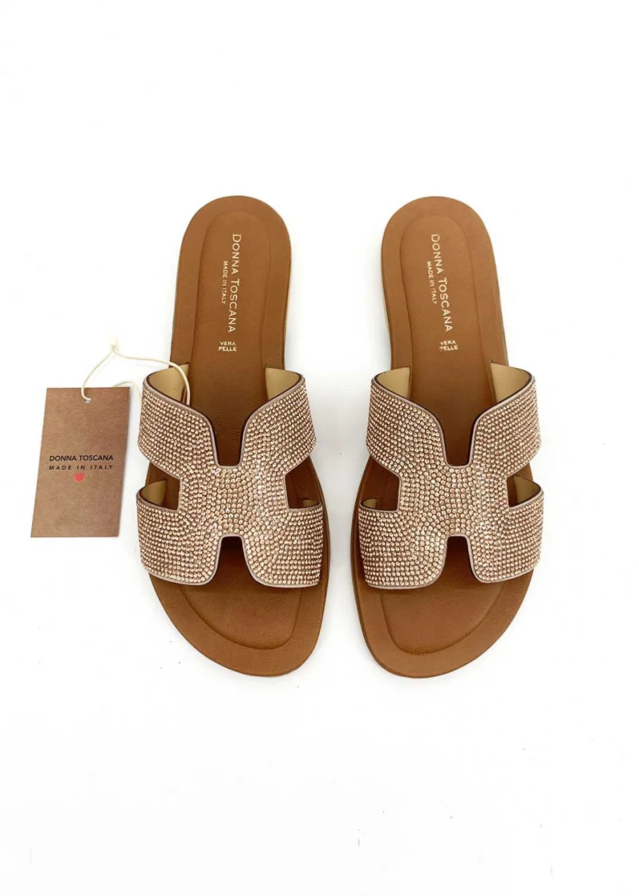Women’s Elegant H Slippers in Natural Leather with rhinestone
